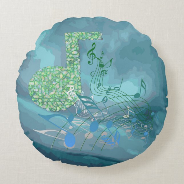 Green&Blue Music Notes Aqua Abstract Round Pillow (Front)