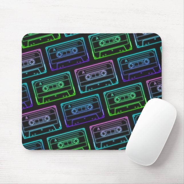 Green Blue Neon Cassette Tape Pattern Mouse Pad (With Mouse)