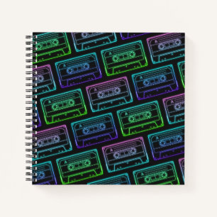 Green Blue Neon Cassette Tape Pattern Spiral Notebook