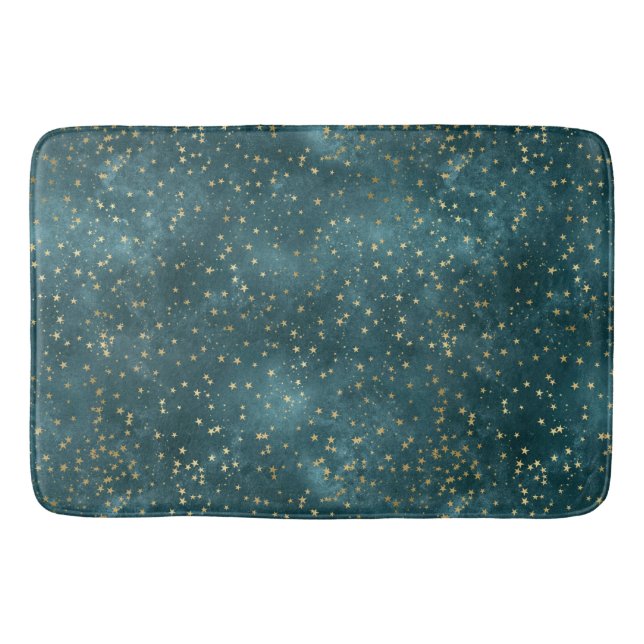 Green blue night sky teal gold star pattern  bath mat (Front)
