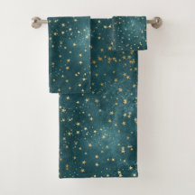 Green blue night sky teal gold star pattern 