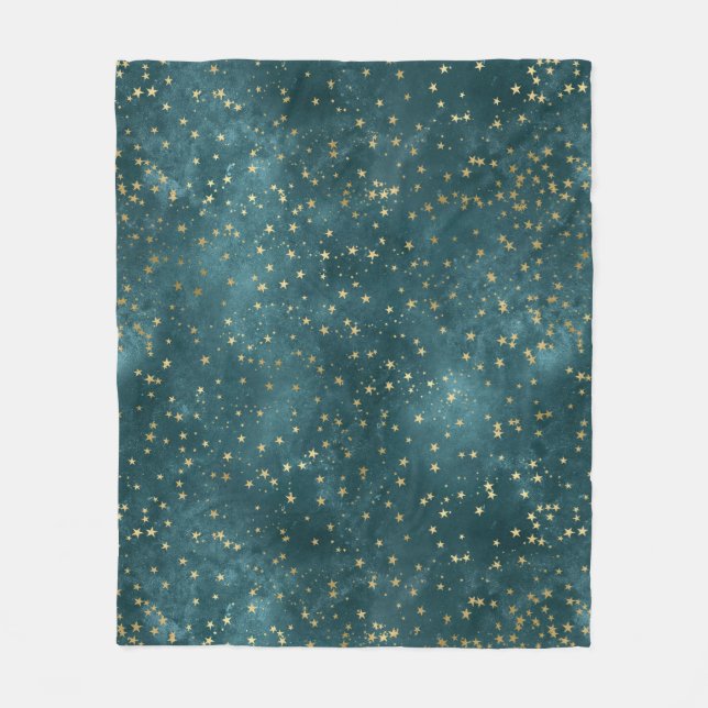 Green blue night sky teal gold star pattern  fleece blanket (Front)