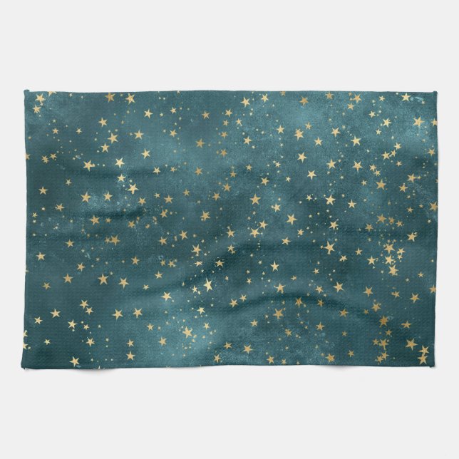 Green blue night sky teal gold star pattern  tea towel (Horizontal)