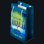 Green Blue Peace Love Light Hanukkah Menorah Bold Small Gift Bag<br><div class="desc">“Peace, love & light.” A close-up photo illustration of a bright, colourful, blue and green artsy menorah helps you usher in the holiday of Hanukkah in style. Feel the warmth and joy of the holiday season whenever you use this cute and fun personalised small gift bag. Matching cards, postage, stickers,...</div>