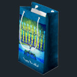 Green Blue Peace Love Light Hanukkah Menorah Bold Small Gift Bag<br><div class="desc">“Peace, love & light.” A close-up photo illustration of a bright, colourful, blue and green artsy menorah helps you usher in the holiday of Hanukkah in style. Feel the warmth and joy of the holiday season whenever you use this cute and fun personalised small gift bag. Matching cards, postage, stickers,...</div>