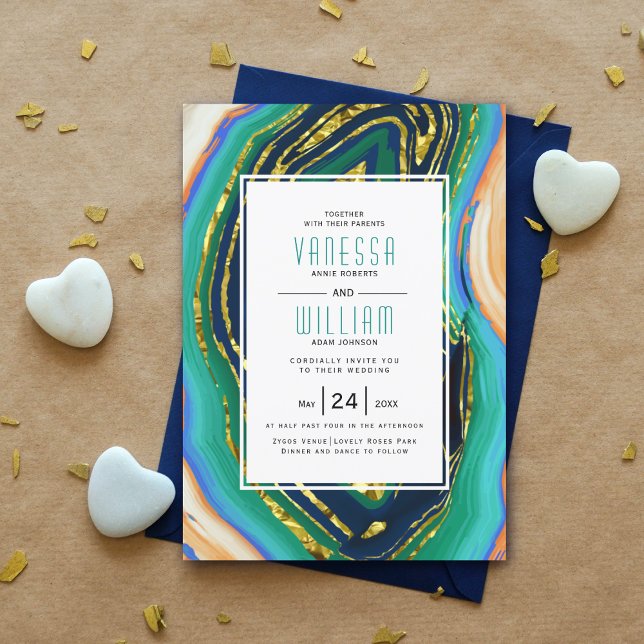 Green, blue, peach agate, gold foil geode wedding invitation (Creator Uploaded)