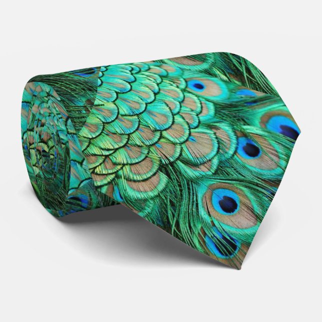 Green Blue Peacock Feather Pattern Tie. Tie (Rolled)