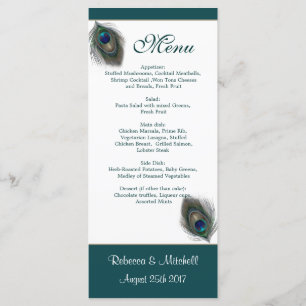 Green blue peacock feathers Menu Rack Card