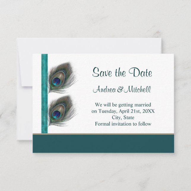 Green blue peacock feathers Save the date Invite (Front)