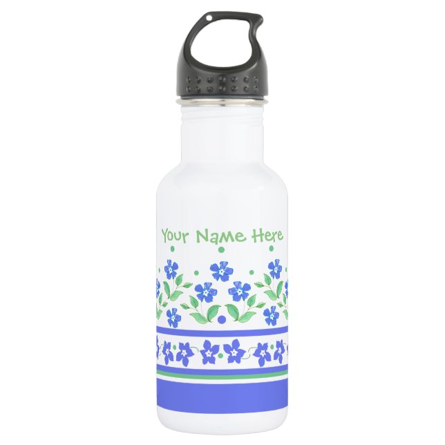 Green Blue Periwinkle Floral Border to Personalise 532 Ml Water Bottle (Front)