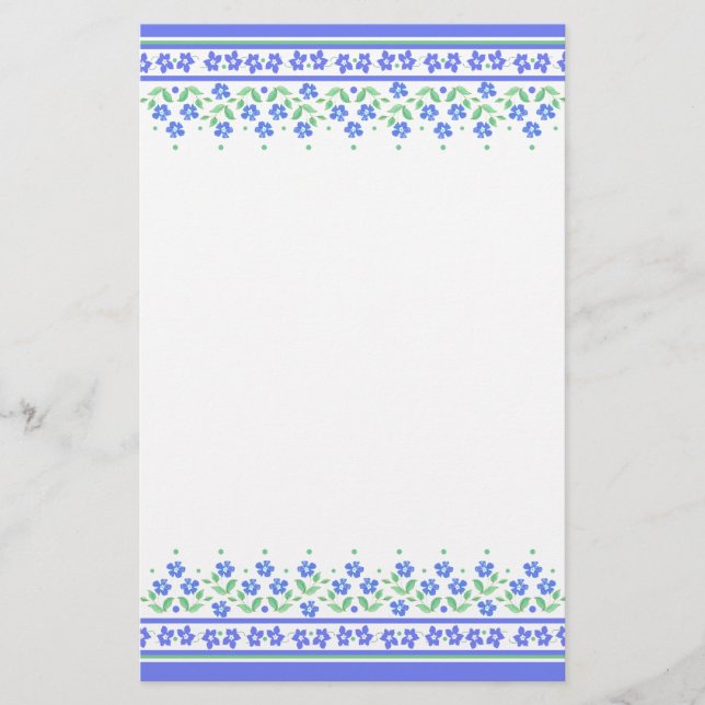 Green Blue Periwinkle Floral Border to Personalise Stationery (Front)
