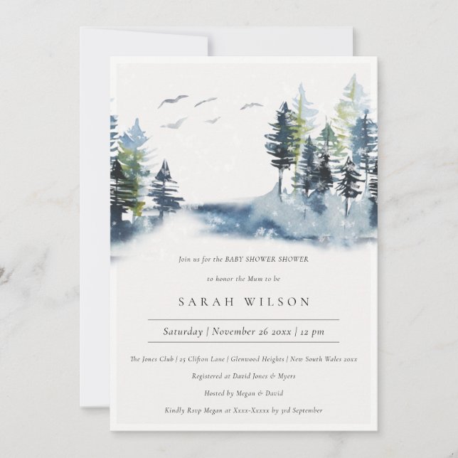 Green Blue Pine Forest Birds Baby Shower Invite (Front)