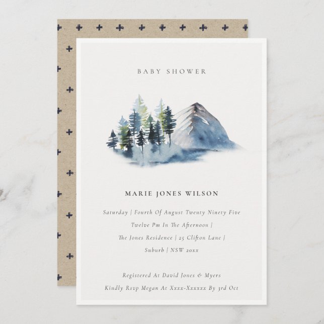 Green Blue Pine Woods Mountain Baby Shower Invite (Front/Back)