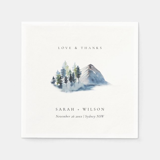 Green Blue Pine Woods Mountain Wedding Thanks Napkin (Front)