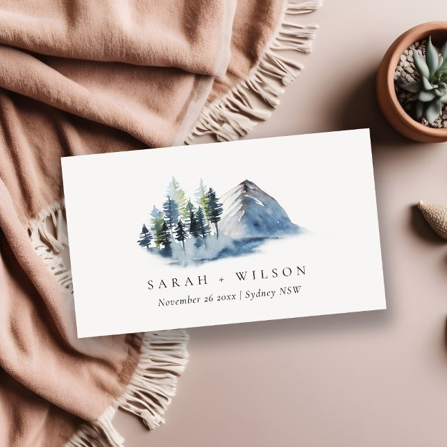 Green Blue Pine Woods Mountains Wedding Website Business Card (Creator Uploaded)
