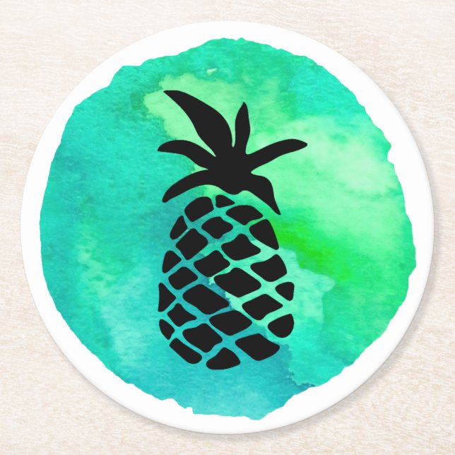 Green Blue Pineapple Round Paper Coaster (Front)