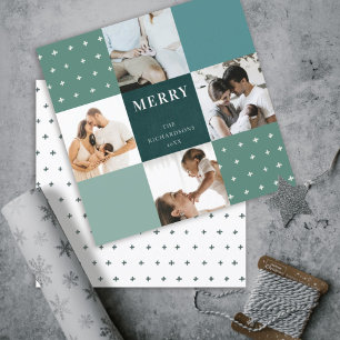 Green Blue Plaid 4 Photo Cross Merry Christmas Holiday Card