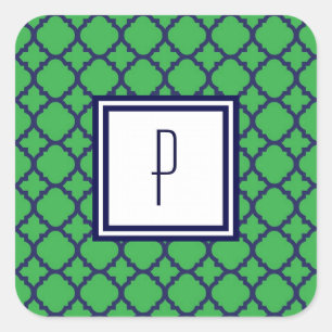 Green Blue Quatrefoil Monogram Stickers