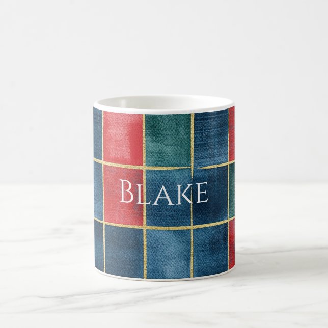 Green Blue Red Gold Plaid Stripes Coffee Mug (Center)