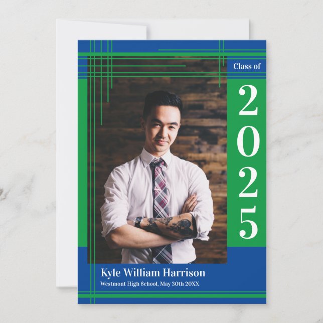 Green Blue School Colour Graduation Photo Plaid Invitation (Front)