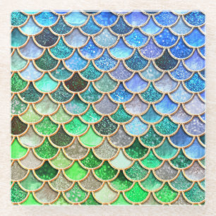 Green Blue Shiny Ombre Glitter Mermaid Scales Glass Coaster