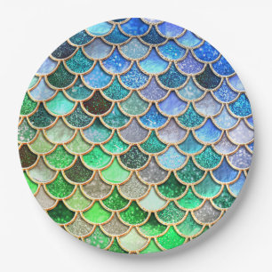 Green Blue Shiny Ombre Glitter Mermaid Scales Paper Plate