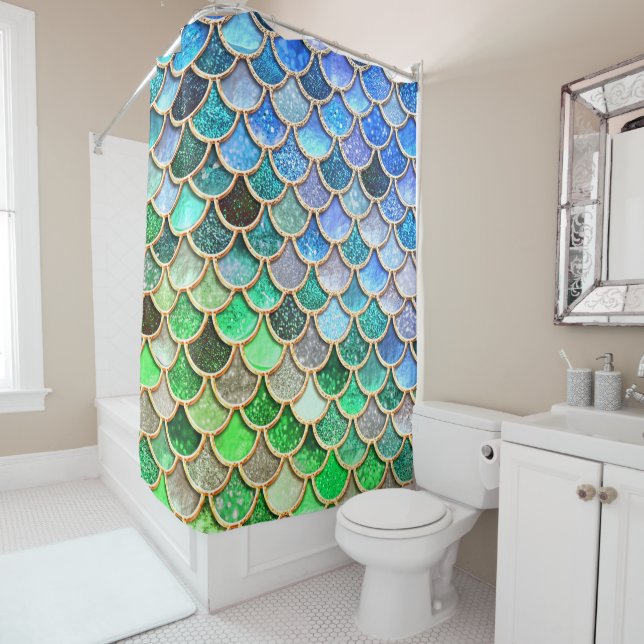 Green Blue Shiny Ombre Glitter Mermaid Scales Shower Curtain (In Situ)
