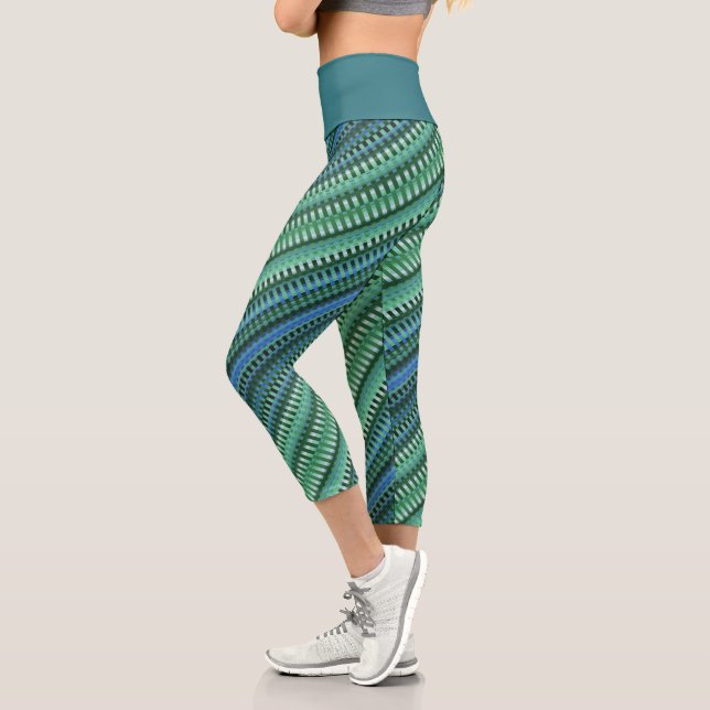 Green Blue Teal Cool Stripes Abstract Psychedelic Capri Leggings (Left)