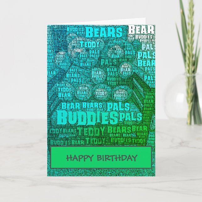 Green Blue Teddy Bear Buddies Word Cloud Card (Front)
