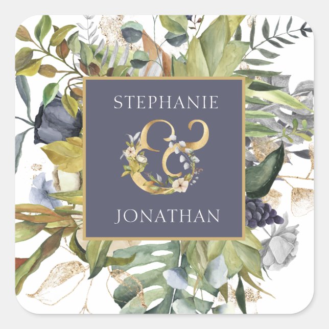 Green & Blue Tropical Greenery with Gold Ampersand Square Sticker (Front)