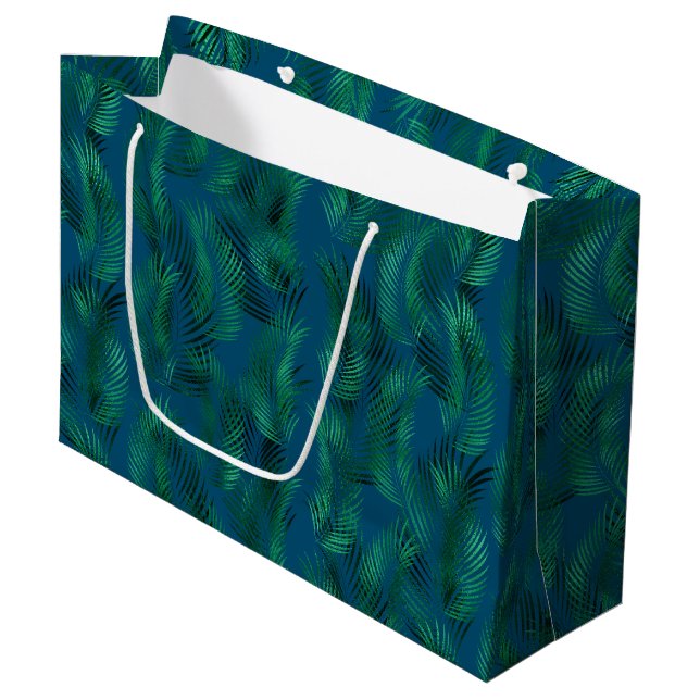 Green Blue Tropical Leaves Large Gift Bag (Front Angled)