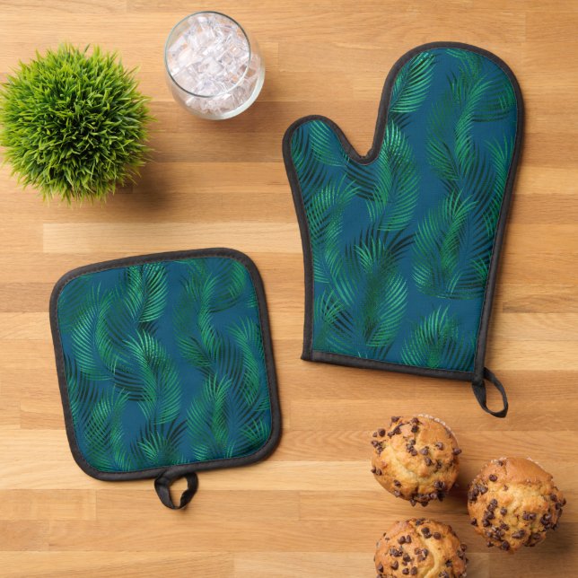 Green Blue Tropical Leaves Oven Mitt & Pot Holder Set (Top Down)