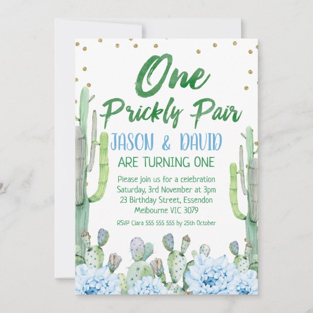Green Blue Twins One Prickly Pair 1st Birthday Invitation (Front)