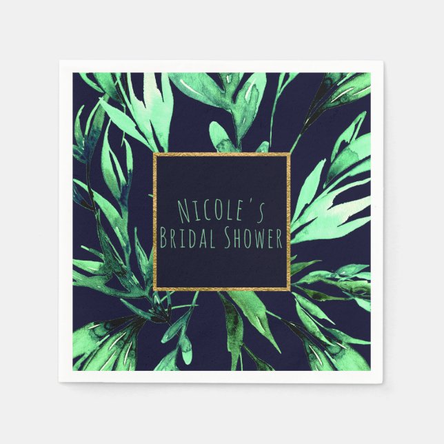 Green Blue Watercolor Botanical Glam Elegant Chic Napkin (Front)