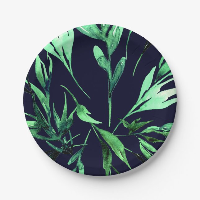 Green Blue Watercolor Botanical Glam Wedding Party Paper Plate (Front)