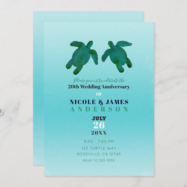 Green Blue Watercolor Ocean Turtles Anniversary Invitation (Front/Back)