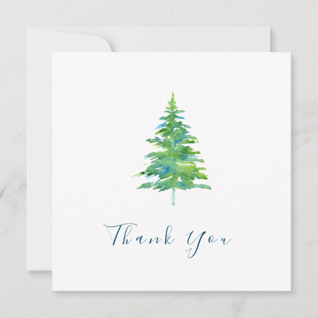 Green Blue Watercolor Pine Tree Thank You Card (Front)