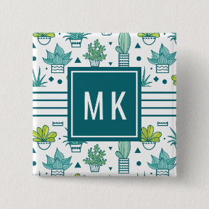 Green & Blue Watercolor Succulent Pattern 15 Cm Square Badge