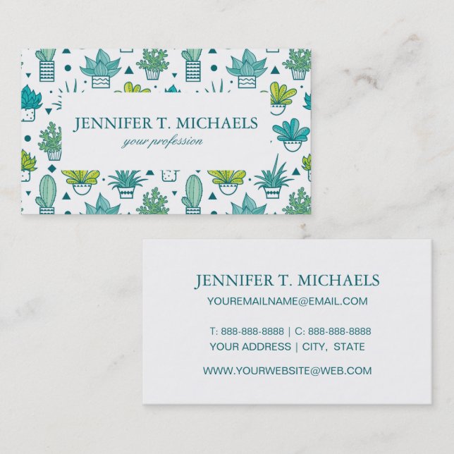 Green & Blue Watercolor Succulent Pattern Business Card (Front/Back)