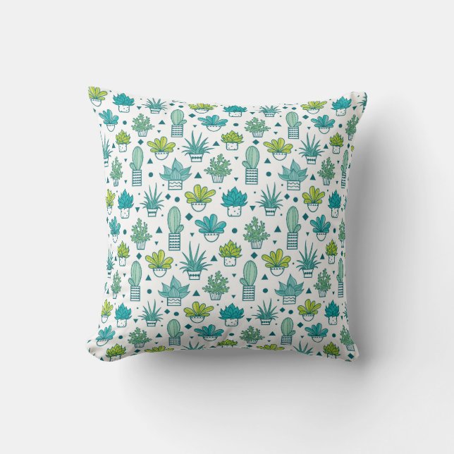 Green & Blue Watercolor Succulent Pattern Cushion (Front)