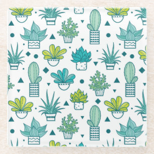 Green & Blue Watercolor Succulent Pattern Glass Coaster