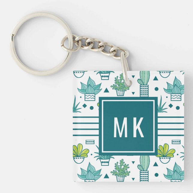 Green & Blue Watercolor Succulent Pattern Key Ring (Front)