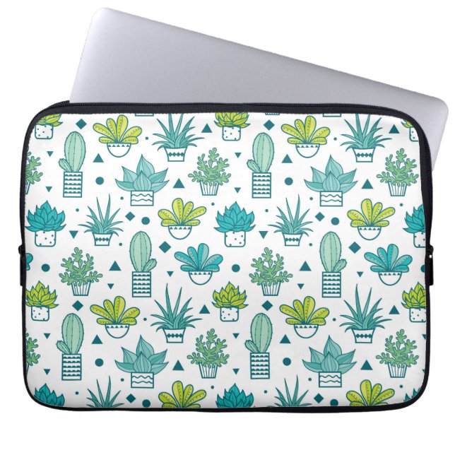Green & Blue Watercolor Succulent Pattern Laptop Sleeve (Front)