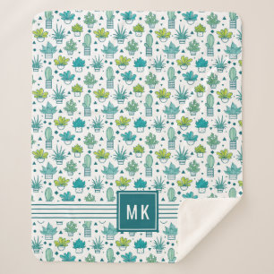 Green & Blue Watercolor Succulent Pattern Sherpa Blanket