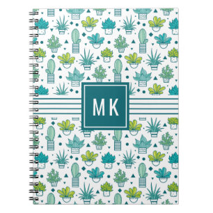 Green & Blue Watercolor Succulent Pattern Spiral Notebook