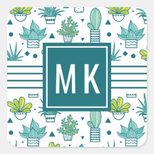 Green & Blue Watercolor Succulent Pattern Square Sticker