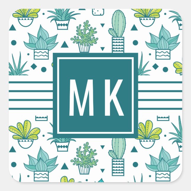 Green & Blue Watercolor Succulent Pattern Square Sticker (Front)