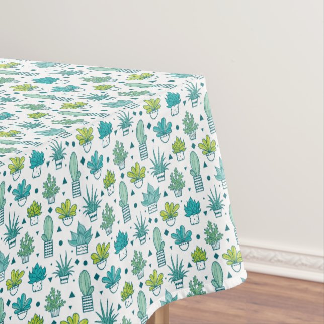 Green & Blue Watercolor Succulent Pattern Tablecloth (In Situ)