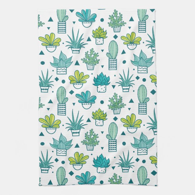 Green & Blue Watercolor Succulent Pattern Tea Towel (Vertical)