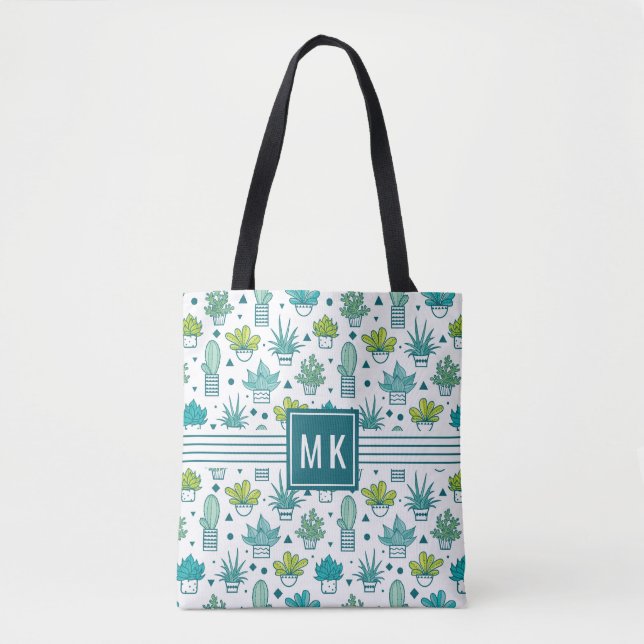 Green & Blue Watercolor Succulent Pattern Tote Bag (Front)
